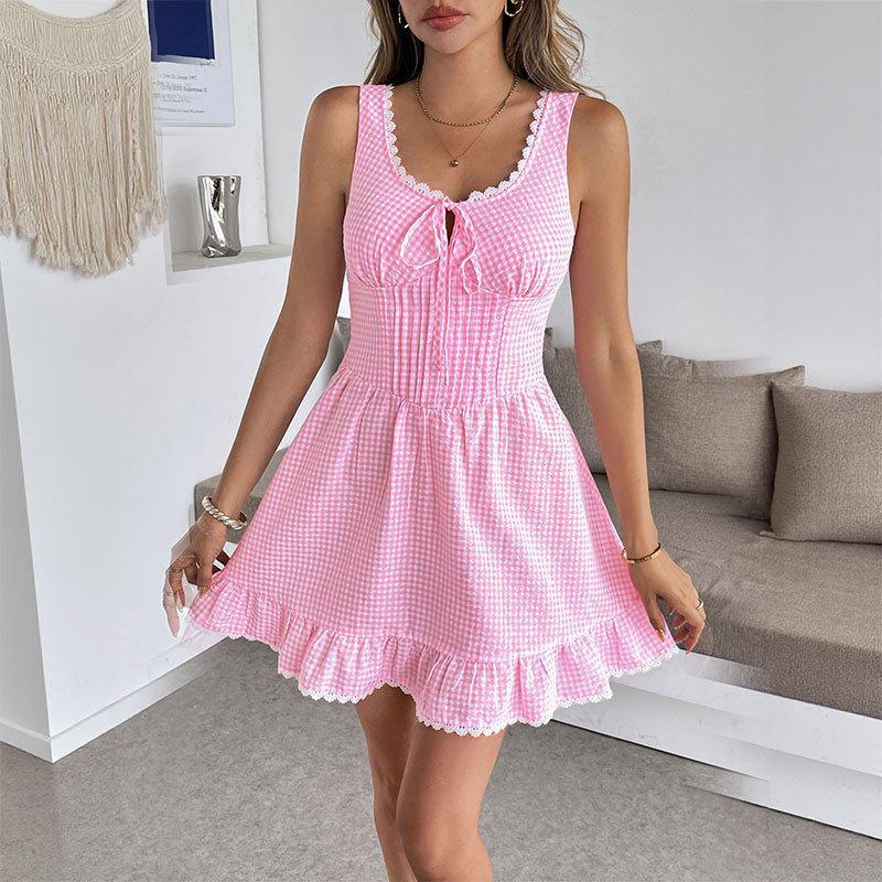 2026 Summer Pink Plaid Skirt with Lace Tie-up Sleeveless Dress