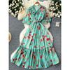 Lightly Mature Elegant Dress Women's French Fancy Bows Shoelace Puff Sleeves Waist Trimming Ruffles Printed Dress