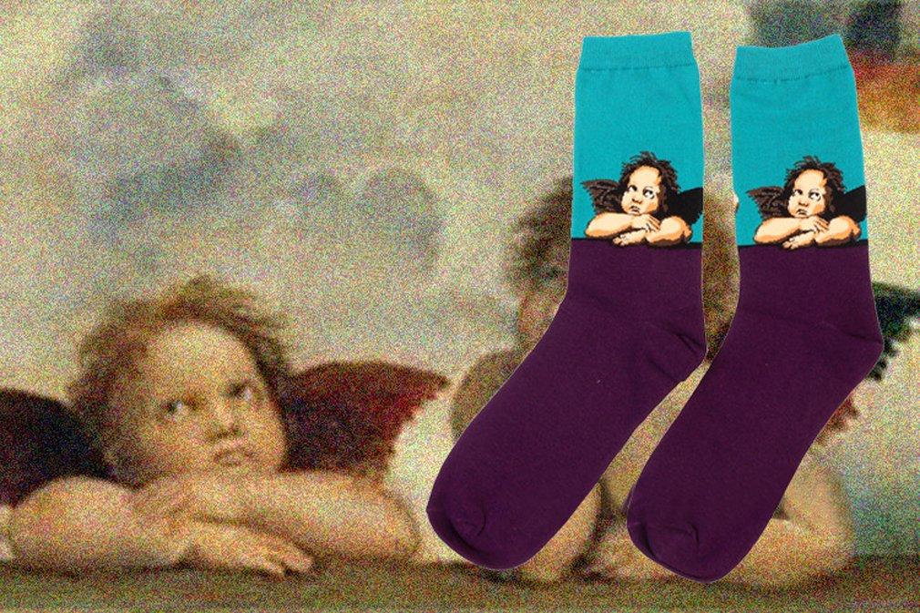 Cansok Cotton Socks featuring Starry Mona and Great Waves Men's 5-Pair Set, Night, Lisa's Smile, Kanagawa's (Famous Paintings)