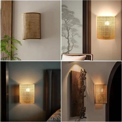 JOYINLED Japanese Style 2PCS Bamboo Wall Lamp Boho Woven Wall Light Farmhouse Bedroom Handmade Sconces for Bedside Living Room