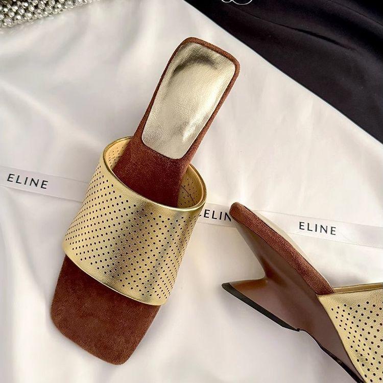 Silver open-toed hollow thick heel casual cool slippers women's 2025 summer wedge heel medium heel niche French women's shoes summer