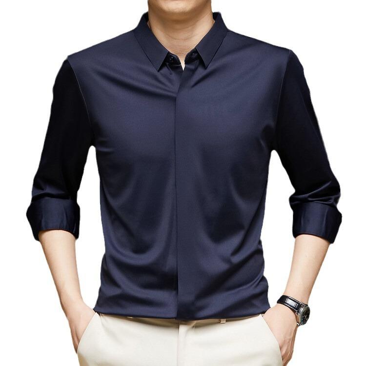 Men’s High-End Hidden Placket Long Sleeve Ice Silk Dress Shirt