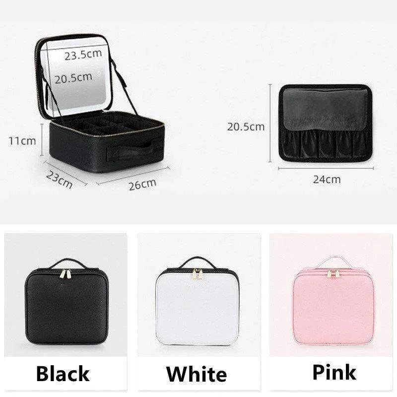 1PC Portable PU Leather Travel Cosmetic Storage Bag LED Mirror Makeup Bag