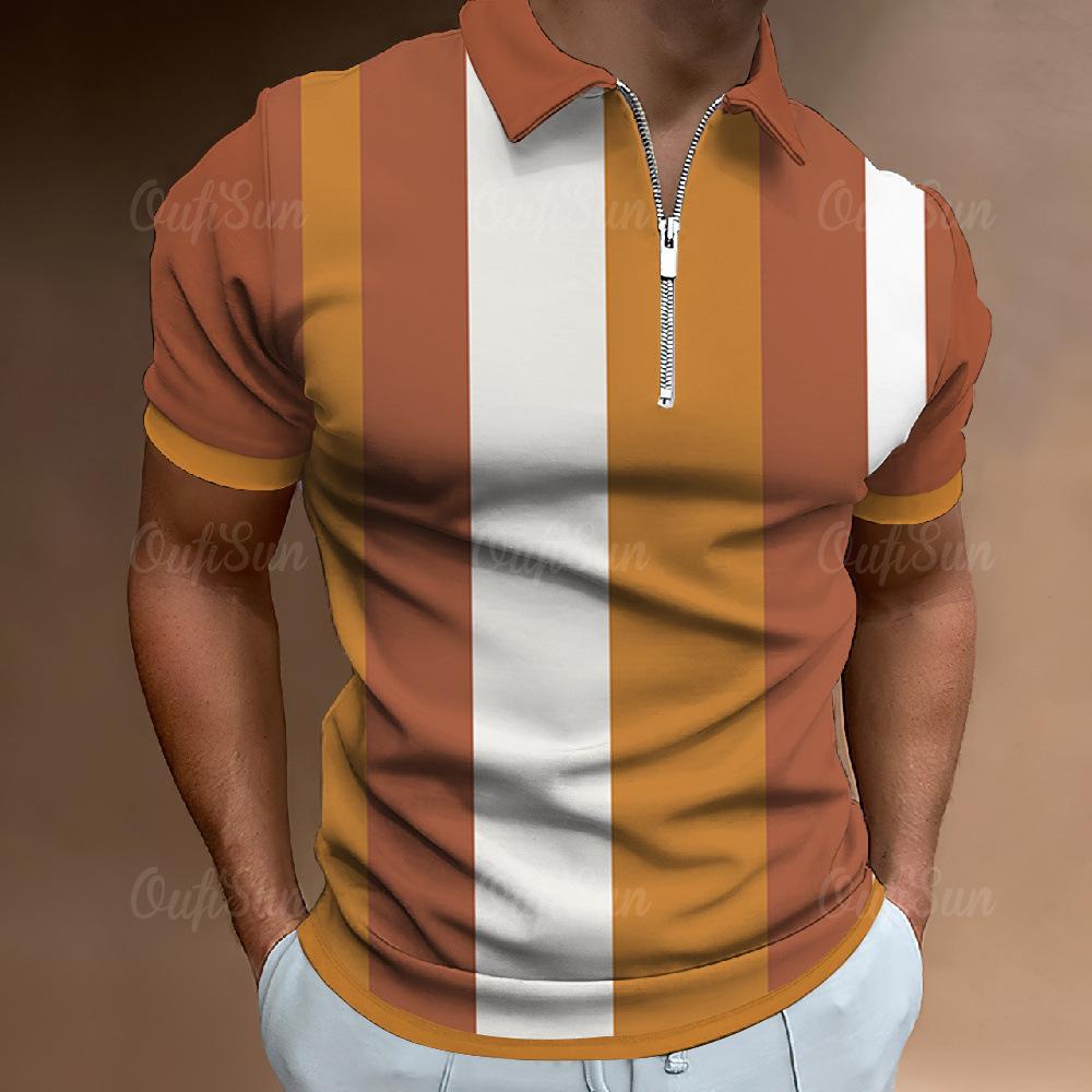 Independent Station Men'S Polo Shirt 3D Digital Printing Half Zipper Vertical Striped Short Sleeve Lapel Top