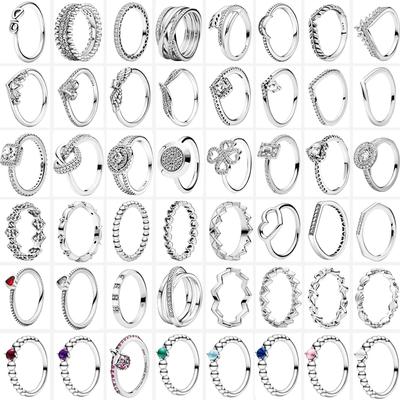 Silver Color Style Rings Flower Feather Beaded Heart Moon Pavé Sparkling Rings Women 925 Silver Jewelry