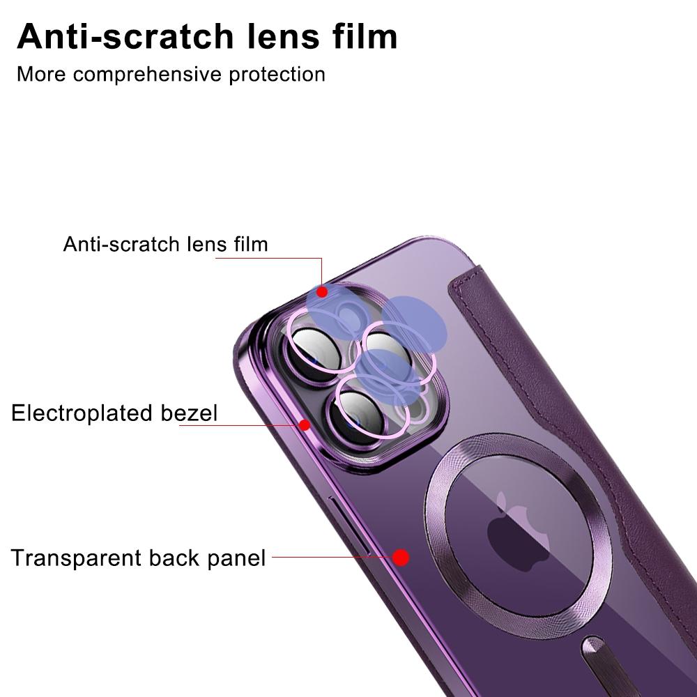 Phone Cover for iPhone 14 Pro Max,Compatible with MagSafe RFID Blocking Card Slots PU Leather+TPU Electroplating Clear Back Flip Case with Lens Film