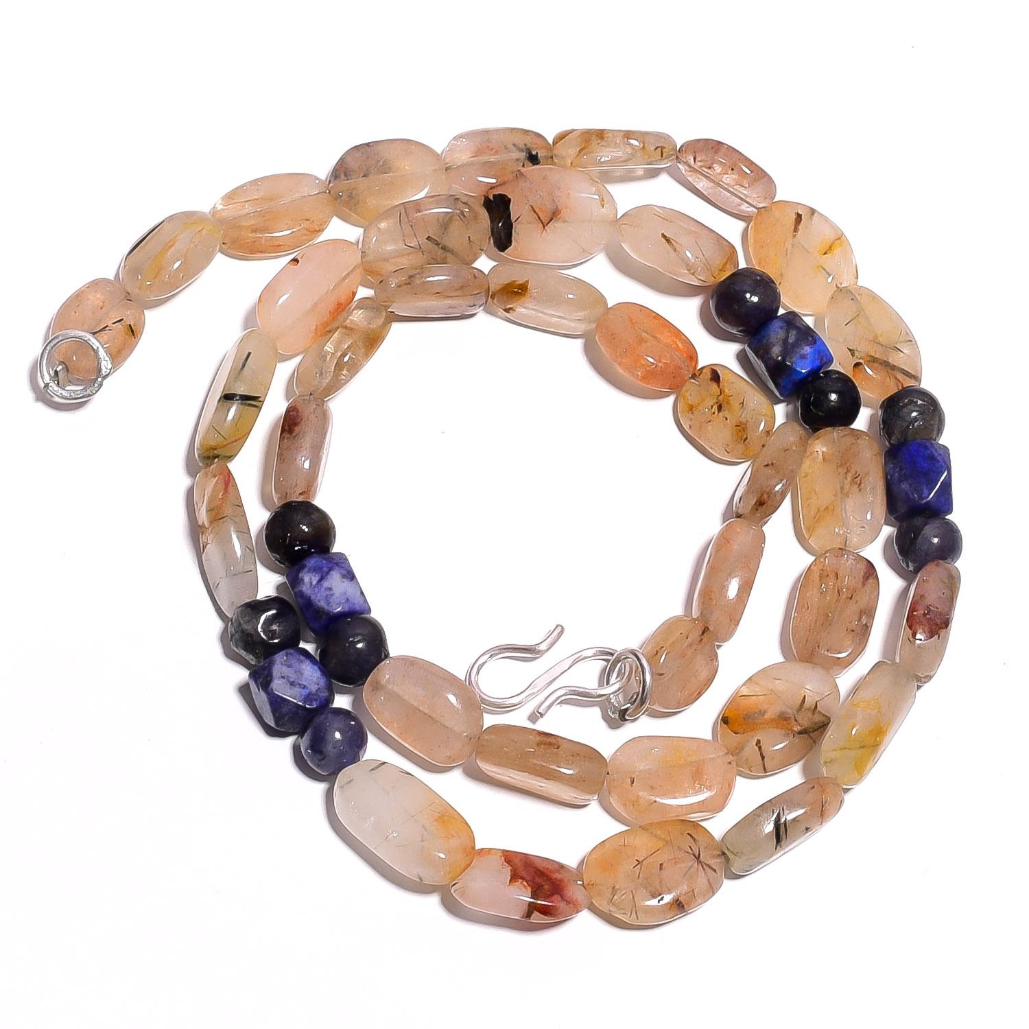 

Natural Rutile Quartz Lapis Lazuli Iolite Gemstone Beads Necklace 17 UB-4111 UB-4111