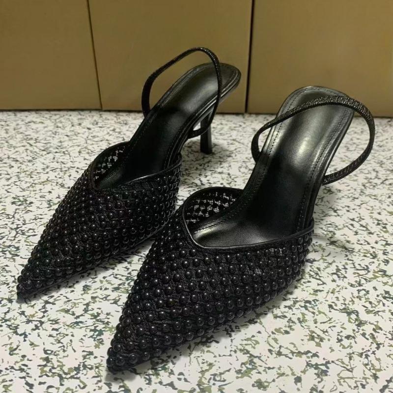 

Модные Роскошные Черные Жемчужные Туфли на Высоком Каблуке Женские Сандалии для Вечеринки Выпускного Остроносые Слингбэки Сетчатые Дизайнерские Летние Женские Туфли для Платья 42 чёрный