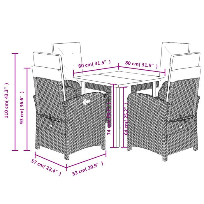 VidaXL Ensemble à Manger de Jardin avec Coussins 5 pcs, Table et Chaises avec Dossier Réglable, Meubles d'Extérieur Patio 3212301