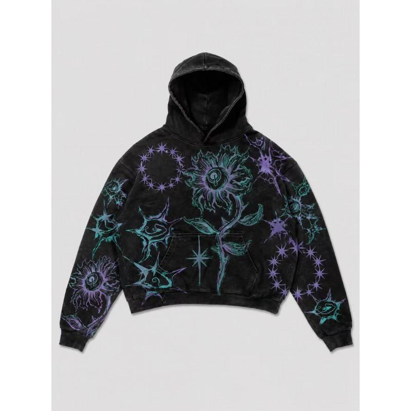 Mens Vintage Distressed 3D Printed Star Floral Oversized Hoodie Casual Streetwear Sweatshirt