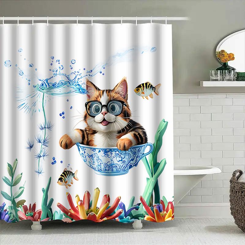 Cute Cat In Blue Teacup Shower Curtain For Bathroom Decoration Funny Pet Design Waterproof Durable Easy To Install And Maintain