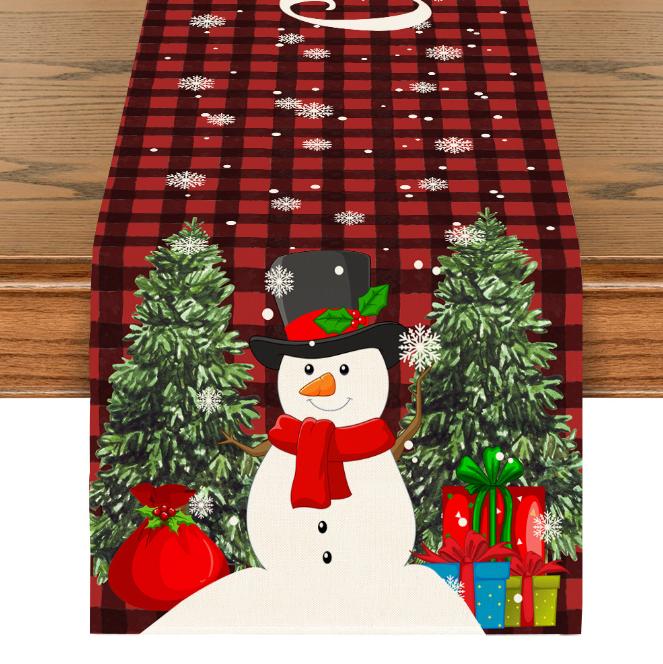 Linen Christmas Table Flag with Snowman & Santa Prints - Festive Table Mat Decorations