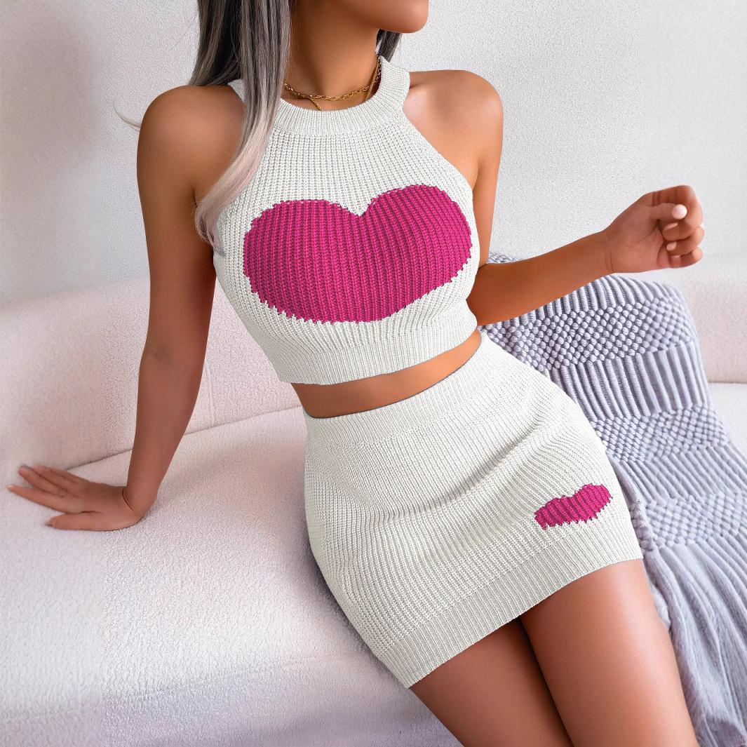 

Women Heart Pattern Knit Two Piece Outfit Crop Top And Bodycon Mini Skirt Set S белый