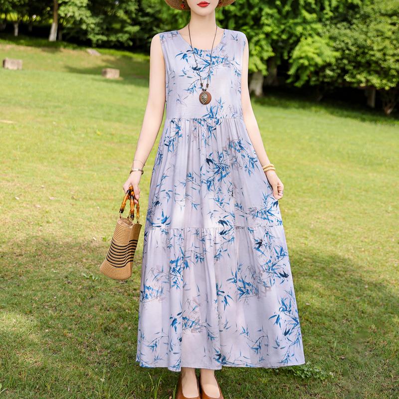 Elegant Sleeveless Dress for Women Plus Size Short Sleeve Vintage Print Long Dress Summer Casual Middle-aged Women's Clothing