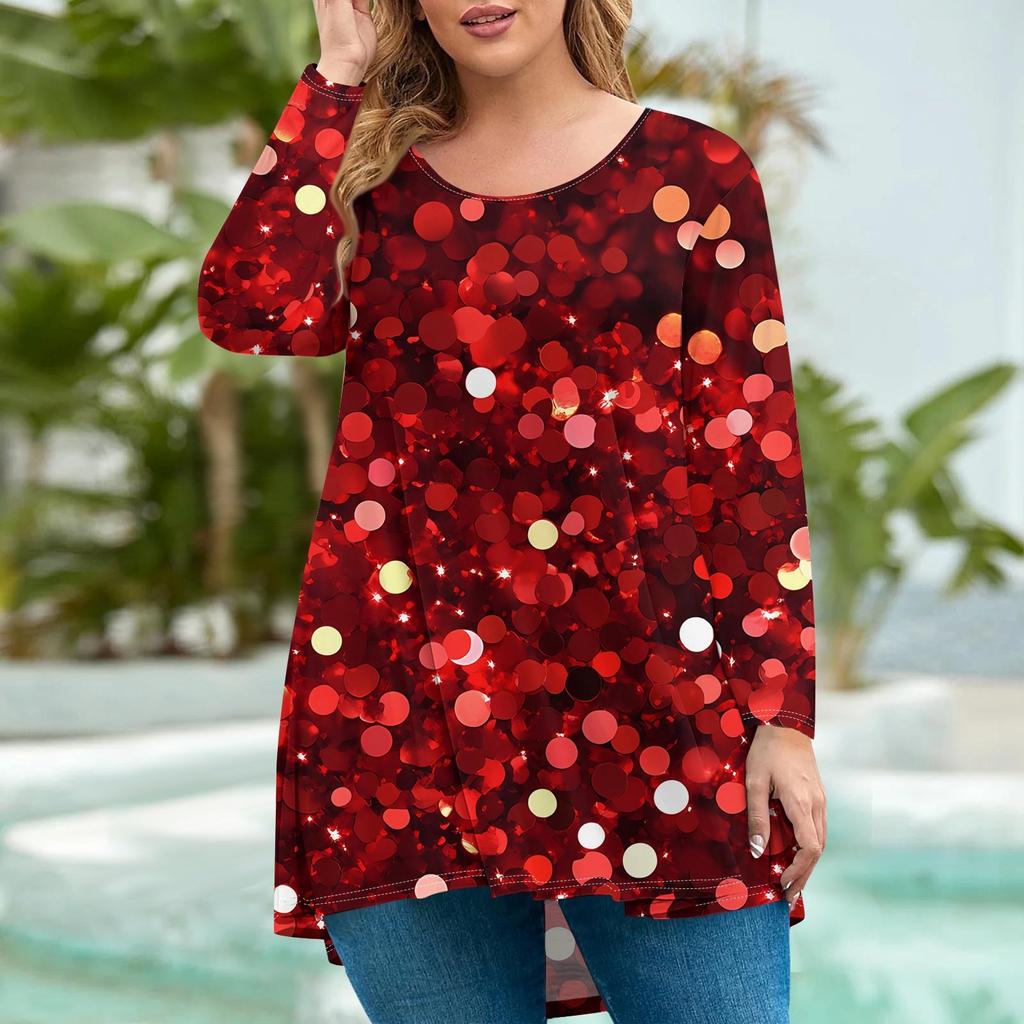 Damenmode Große Größe Rundhals Langarm Lässig Weihnachtsdruck Lose Pullover Top