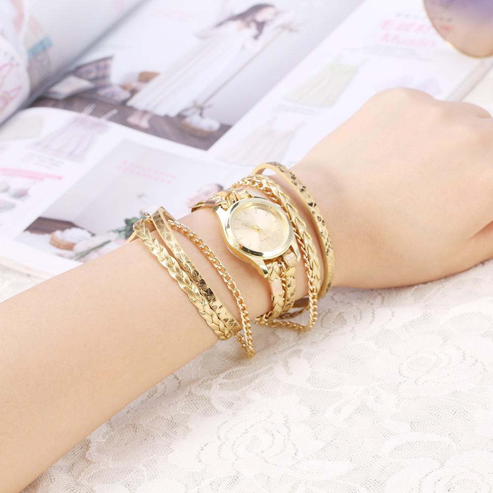 Women Braid Weave Bracelet Quartz Analog Round Watch Wristwatch(Gold)