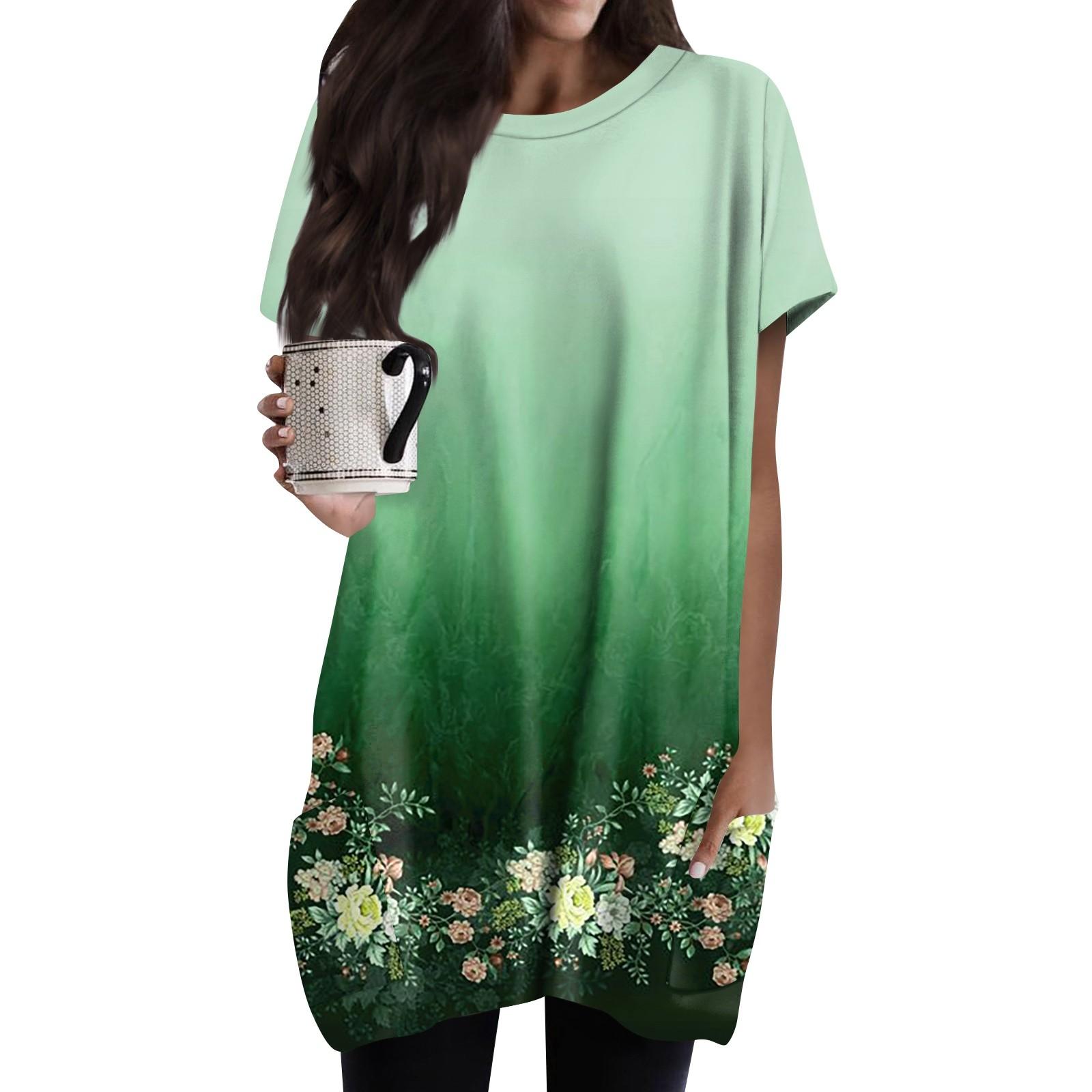 

Женская длинная футболка миди с круглым вырезом и карманом, винтажная длинная футболка с цветочным принтом и коротким рукавом XXXL