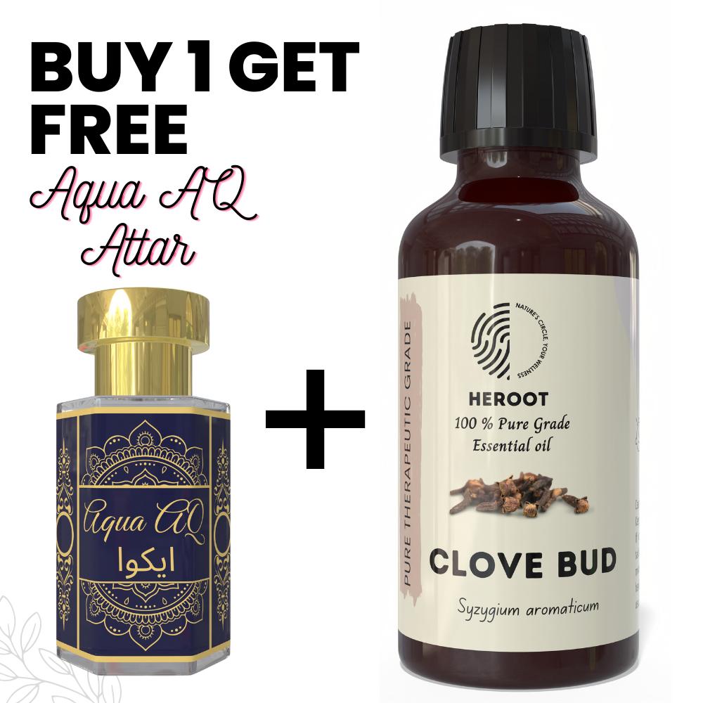 Clove Bud Essential Oil 10ml for Aromatherapy & Home Fragrance Get 1 Free 6 Ml Attar – Aqua AQ, Dubai Oud, Aura, White Oud