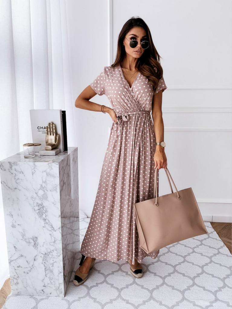 Rochie cu imprimeu cu buline la modă pentru femei Rochie cu bandaj cu fante sexy cu decolteu în V Rochie cu mânecă scurtă
