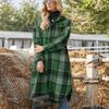 Płaszcz Damski w Kratę z Rozcięciem na Dole, Kołnierzykiem Wykładanym, Jednorzędowy Zapinany na Guziki, Luźny z Kieszeniami, Koszula Kurtkowa Zielony