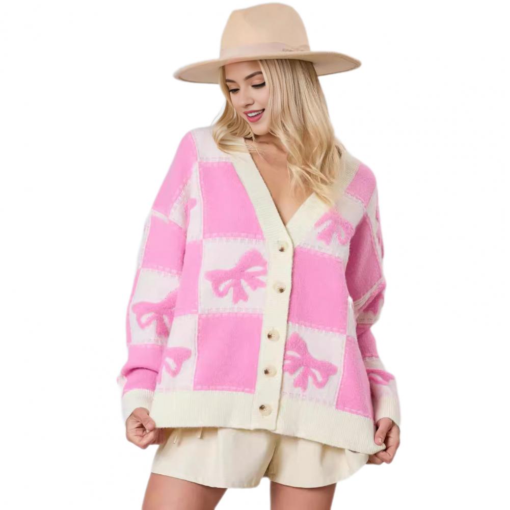 

Универсальный стильный кардиган, стильный женский свитер с V-образным вырезом, пальто с клетчатым принтом, бантом, длинный рукав, цветной блок для женщин S горячий розовый