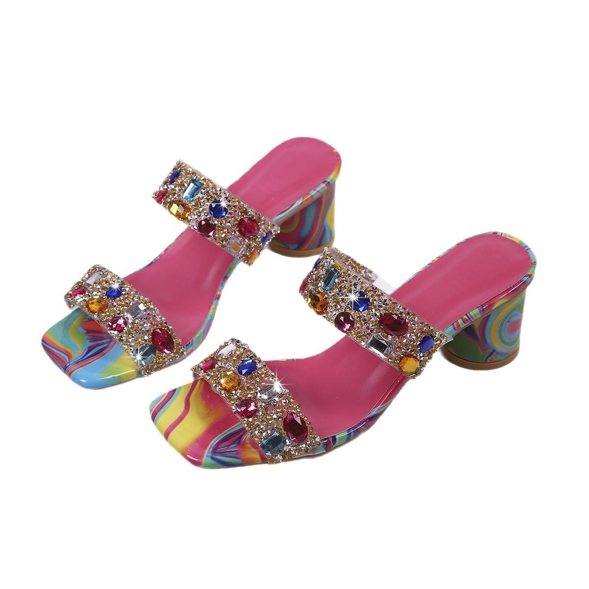 

Large Rainbow Sole High-heeled Sandals For Summer Wear New European And American Color Diamond Square Toe Thick Heel Sandals For Women 43