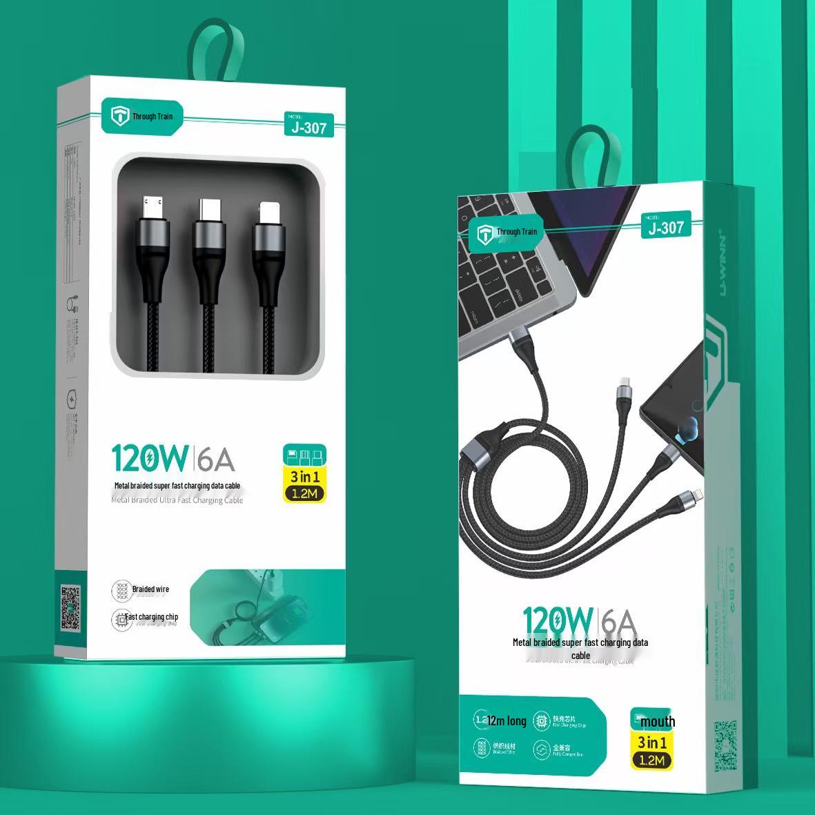 

120W Super Fast Charging 3-in-1 Braided Data Cable for Android, Apple, Type-C Devices