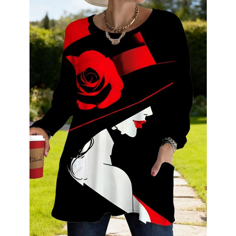 Women s Plus Size Red and Black Rose Print Loose Long Sleeve T-Shirt with Pockets S