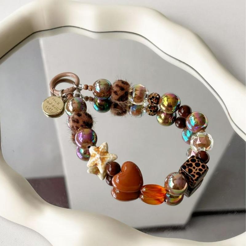 Winter Brown Maillard Color Leopard Print Beaded Mobile Phone Chain Rice Bead Sea Star Pendant Bag Pendant
