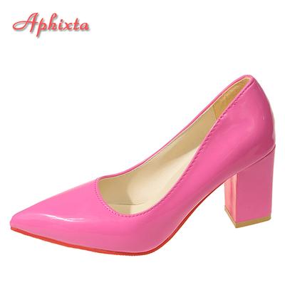 Fashion Aphixta Plus Size 35-53 Hot Sale 2.75Inch Square Heel Patent Leather Shoes Women Pumps Red Sole Work Pointed Toe