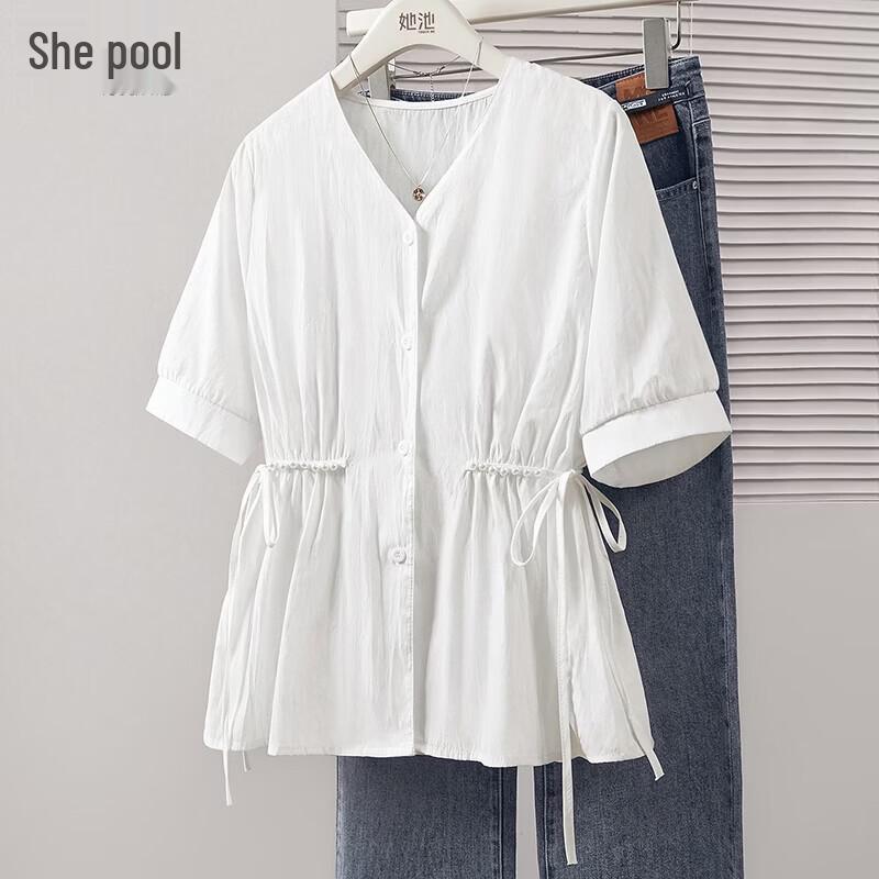 Women s French Style Beaded V-Neck Short Sleeve Blouse L
