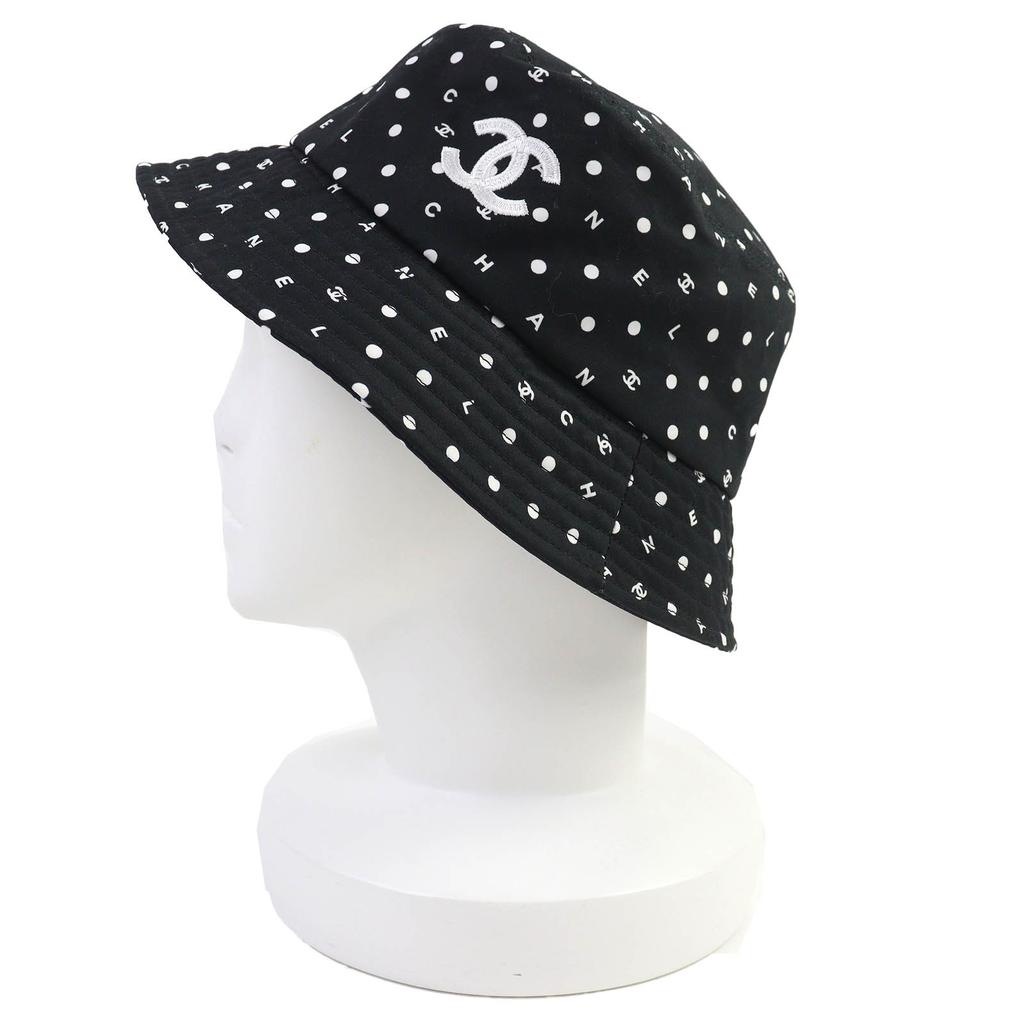Excellent CHANEL hat COCO Mark embroidered logo bucket hat Black White cotton Women L Used
