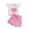 Sweet Summer Girls' Set: Fashionable White Short-Sleeve Blouse with Flared Sleeves, Heart-Patterned Patchwork Floral Shorts with Belt, Two-Piece Set