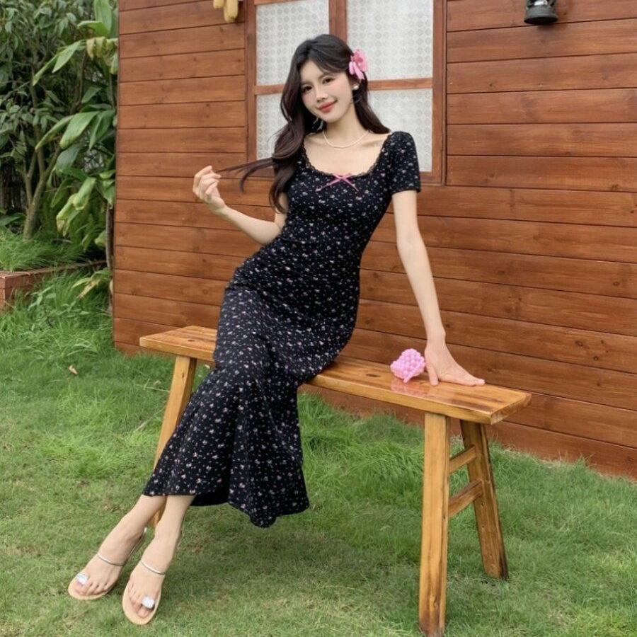 2026 Large Size Women's French Black Waist Floral Short-sleeved Dress Summer Long Skirt Fat Mm Belly and Thin