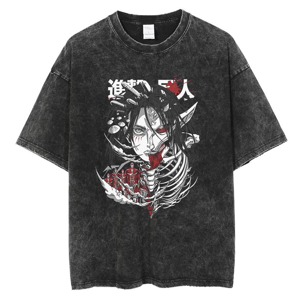 Eren Jager Attack on Titan Summer Streetwear Washed T-Shirt Anime Graphic Print TShirt Men Harajuku Cotton Oversize Vintage Tee