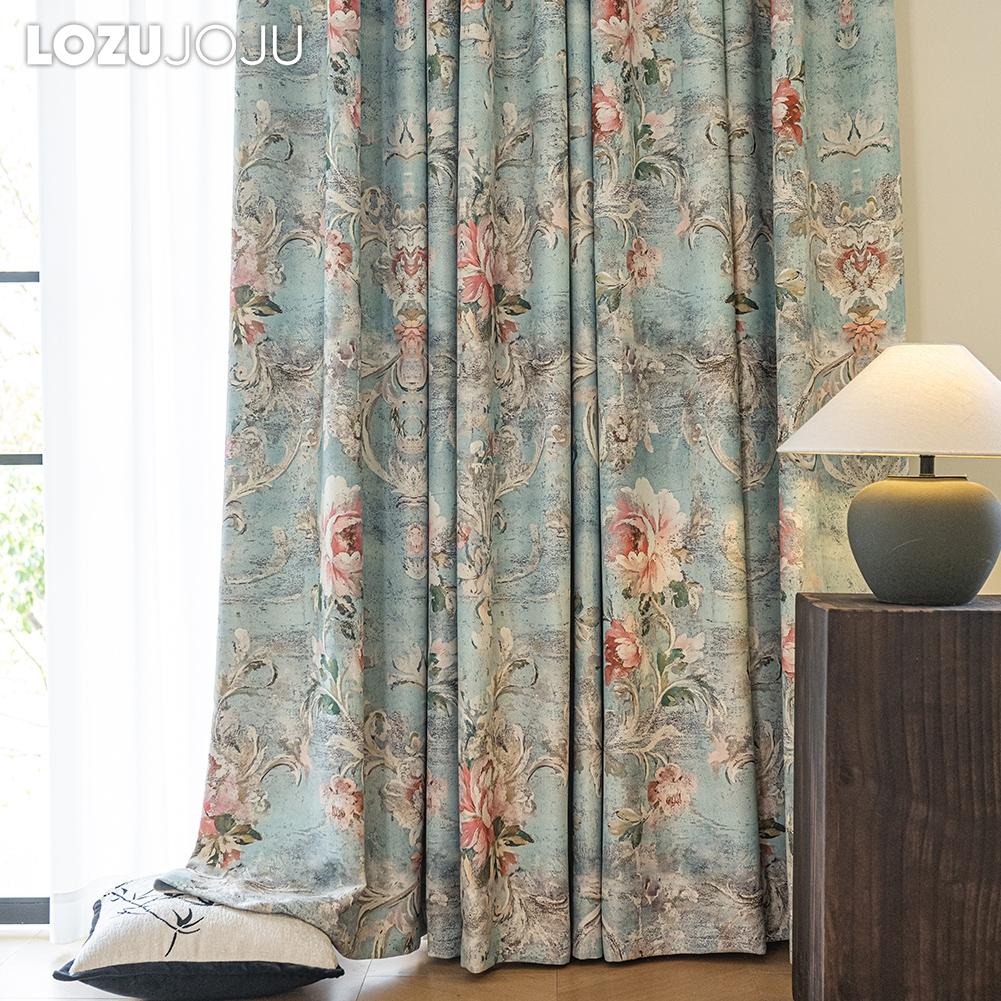 1PC LOZUJOJU French Idyllic Style Blackout Curtains Blue Bottom Peony Print Curtains Thick Curtains for Bedroom Living Room Window for Home Decor