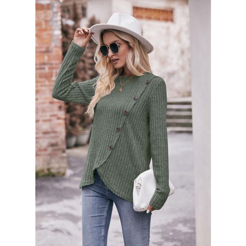 YYFS Damenmode, lässig, Frühling, Herbst, einfarbig, bedruckt, langärmelig, O-Ausschnitt, Blusen und Hemden