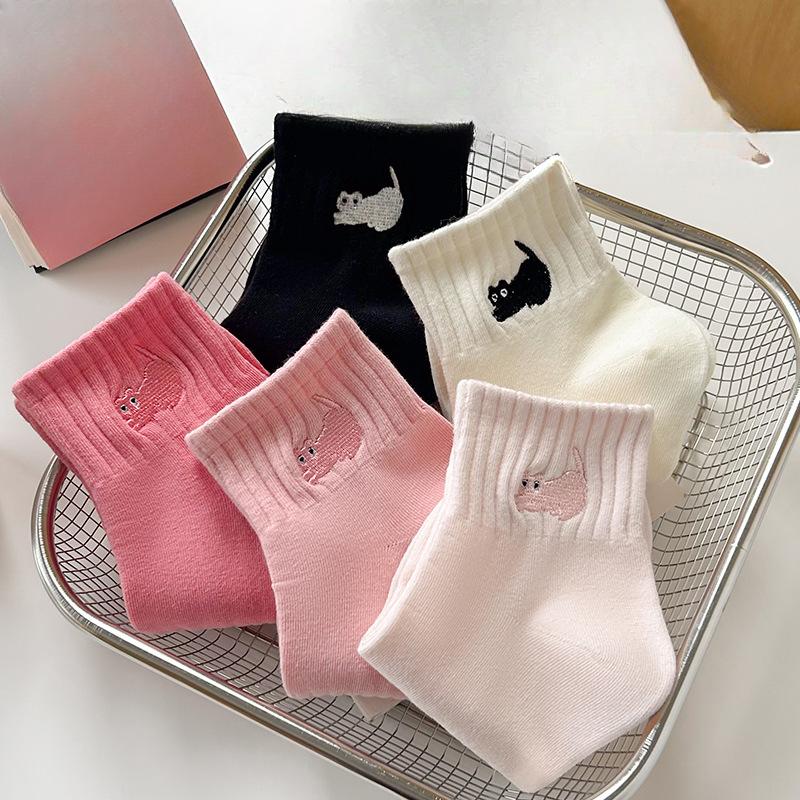 Summer Thin Combed Cotton Socks for Women, Cartoon Embroidery, Sweat-absorbing Boneless Socks for Women, Sports Socks
