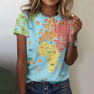 Fashionable Map Tees Minimalist 3D Print Pattern Women's T Shirt Round Neck Short Sleeved Top