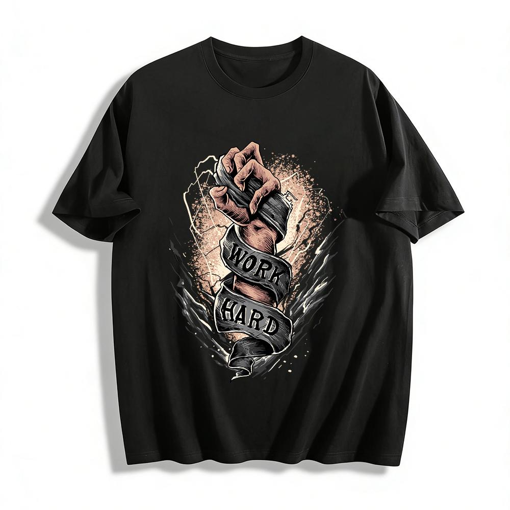 Vintage WORK HARD Fist Print Casual Short Sleeve T-Shirt Pure cotton T-shirt XXS