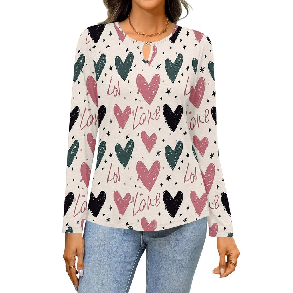 Women's Casual Round Neck Hollow,out Pullover Long Sleeve Valentine's Day Heart Print T,shirt Top