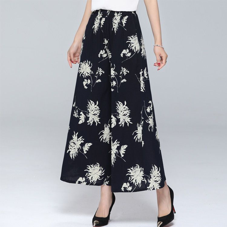 WTEMPO Jaro Léto Smíšená bavlna Široké kalhoty Kalhoty Dámské Velká velikost Vysoký Elastický pas Potištěné Culottes