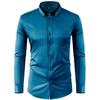 Men's Long Sleeve Stretch Shirt, Slim Fit Solid Color Shirt with Contrast Collar and Rhinestone Buttons, Button-Up Shirt Top