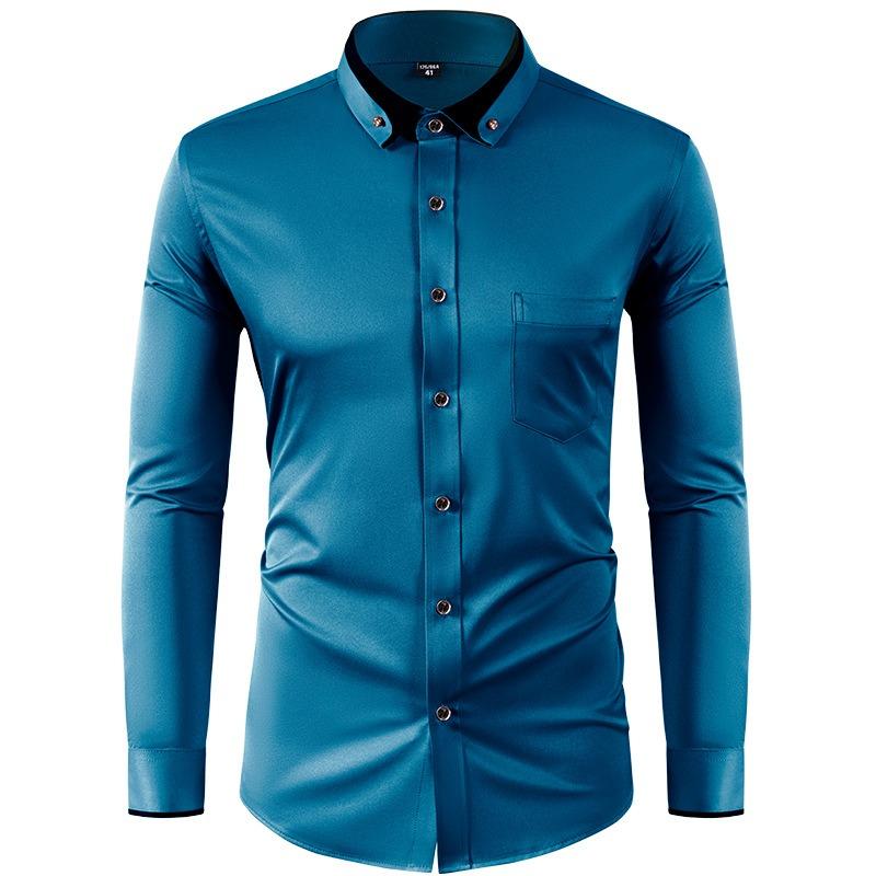 Men's Long Sleeve Stretch Shirt, Slim Fit Solid Color Shirt with Contrast Collar and Rhinestone Buttons, Button-Up Shirt Top
