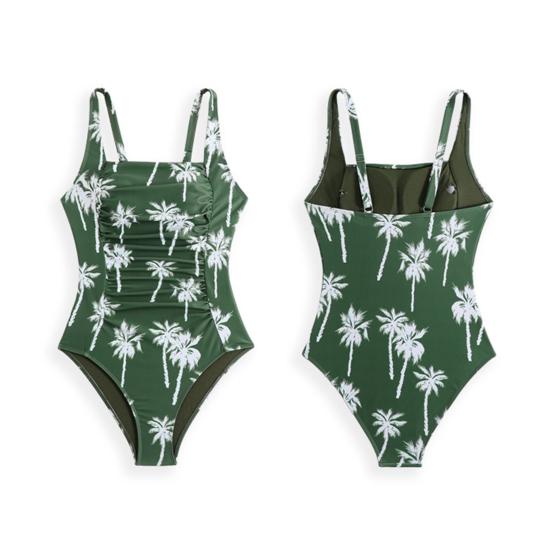 2Pcs/Set Women Sling Square Collar Pleated Monokini with Slim-Fit Cover Up Dress Quick Drying