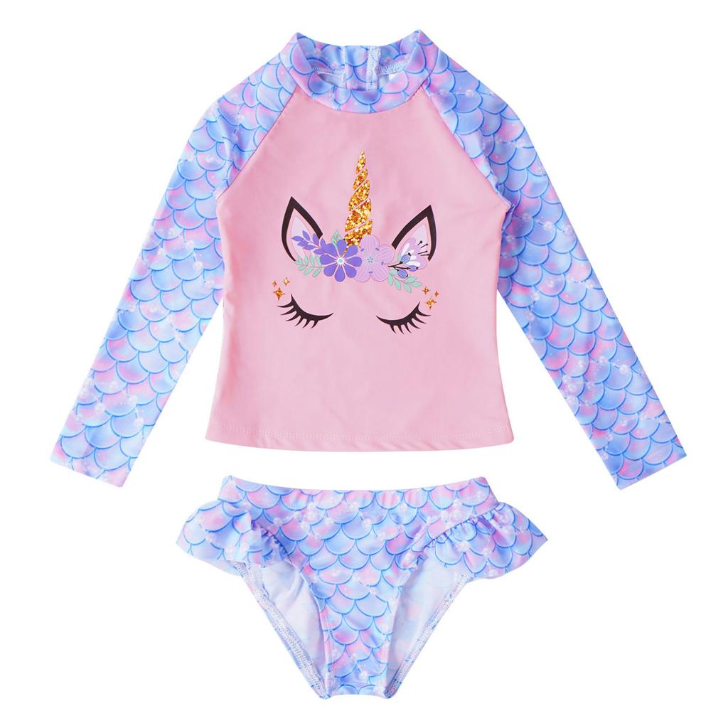 2-teiliges Kinder-Badeanzug-Set für Mädchen mit Fischschuppen-Aufdruck, Strand-Outfits, Tops und Slips mit Cartoon-Pferd-Aufdruck, Strandbadebekleidung, Badeanzüge