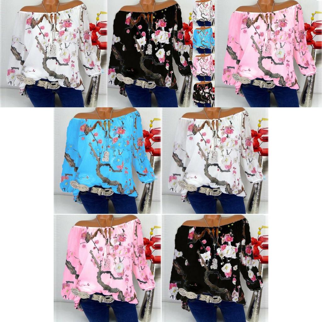 Off Women Shoulder Floral Tops Ladies Summer Loose T Shirt Blouse Plus Size