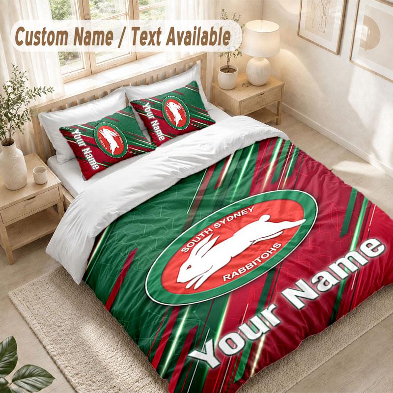 Custom Name Bedding Set 3 PiecesSouth Sydney Rabbitohs Print Duvet Cover + 2 Pillowcases Soft Bed Decor