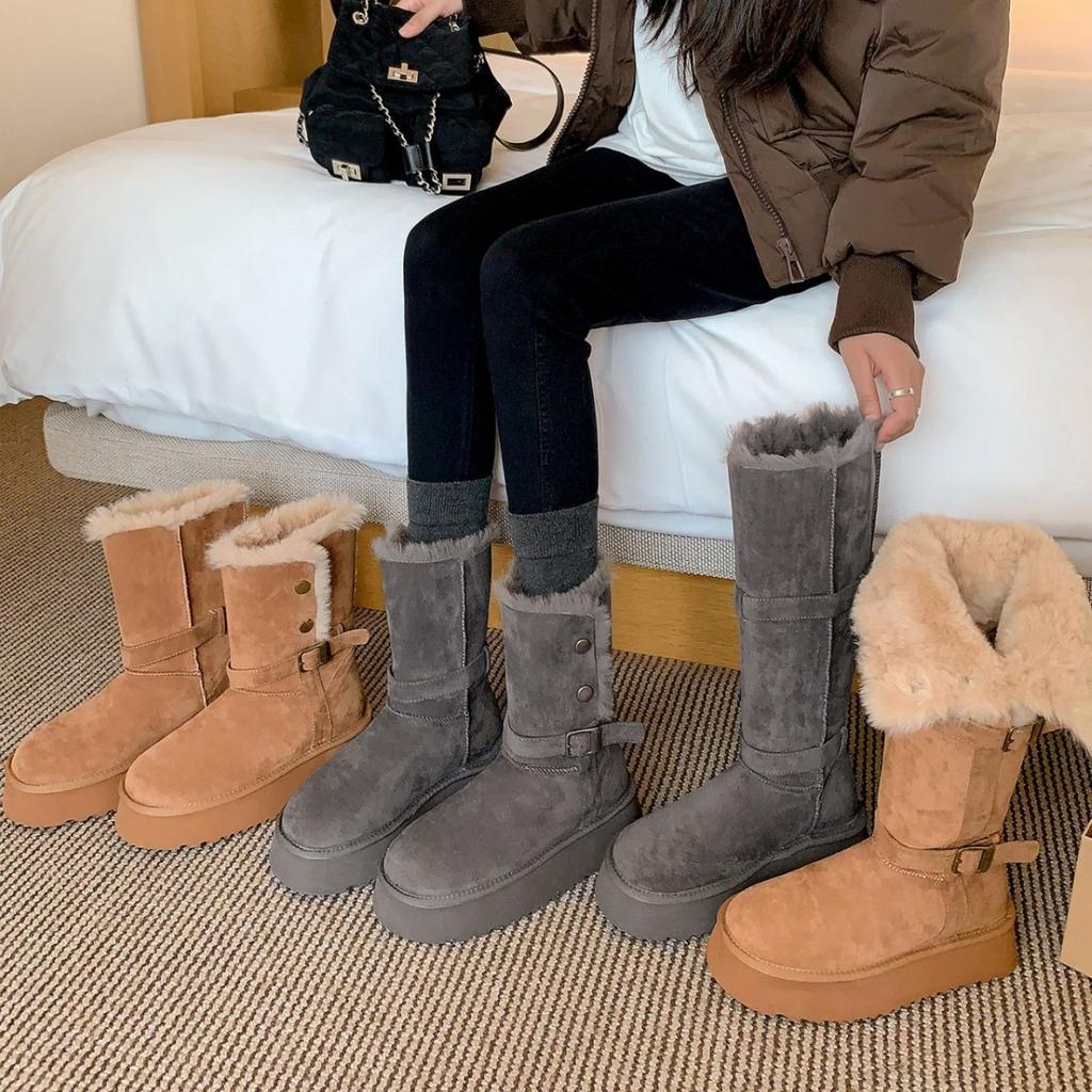 The Same Buckle Belt Thick-soled Plush Flanged Warm Cotton Shoes 2025 New Medium and Long Snow Boots Women's Winter Models