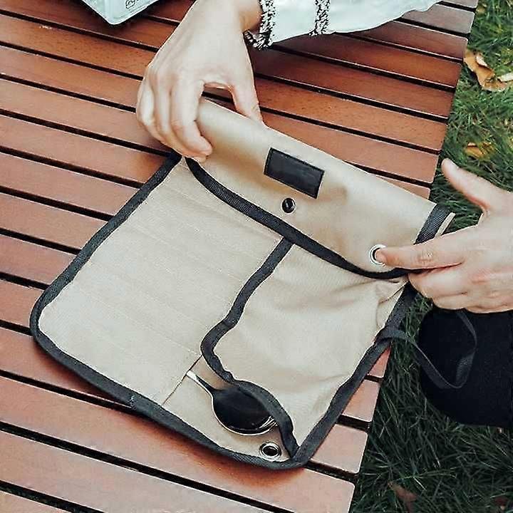 Portable Camping Utensil Storage Bag, Roll Up Cutlery Organizer Pouch with Hanging Hooks, Outdoor Travel Cookware Bag for Picnic BBQ Hiking, Khaki (Ba